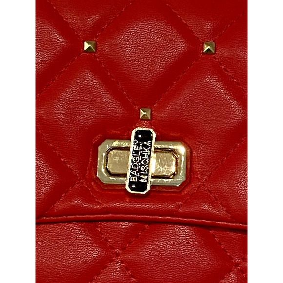 Badgley Mischka Red Quilted Vegan Leather Purse Gold Studded Crossbody Bag 10x6 - Picture 4 of 13